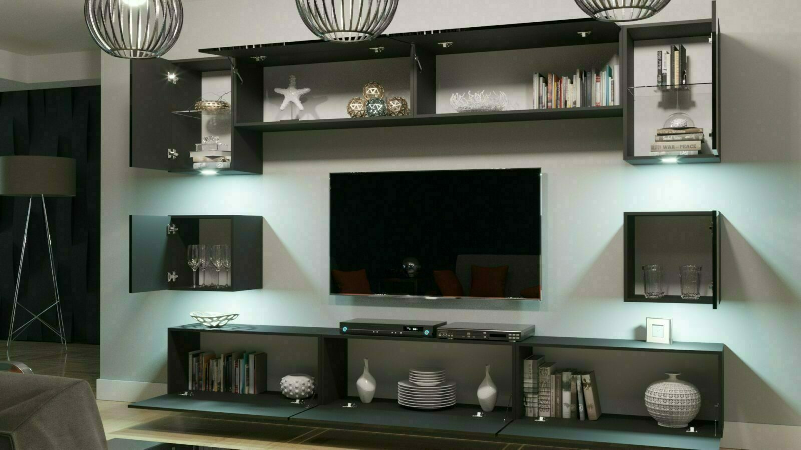 Mueble de salón moderno N1 ALICIA - blanco brillo - Estándar - 242 x 187 »  Confortica