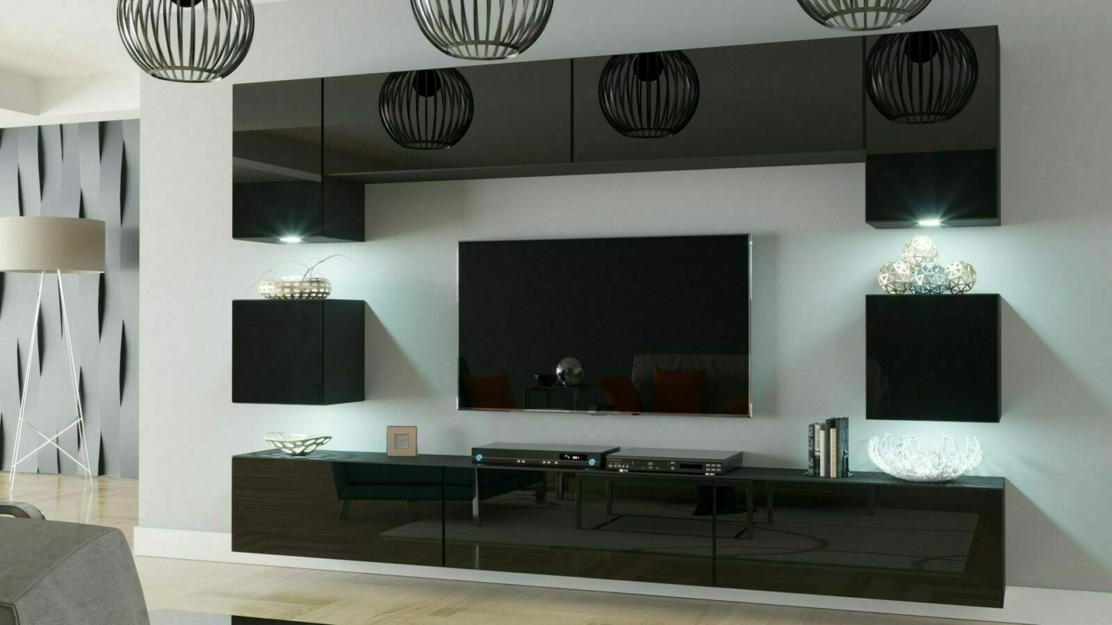 Mueble de salón moderno N1 ALICIA - negro brillo - Grande - 257 x