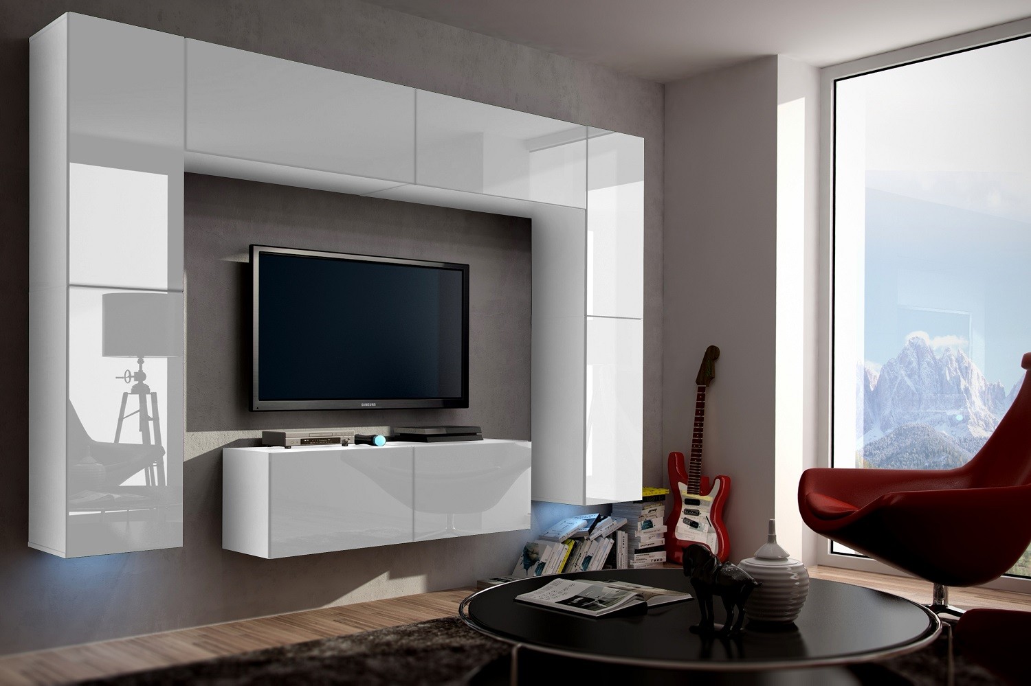 Mueble de salón moderno N1 ALICIA - blanco brillo - Estándar - 242 x 187 »  Confortica