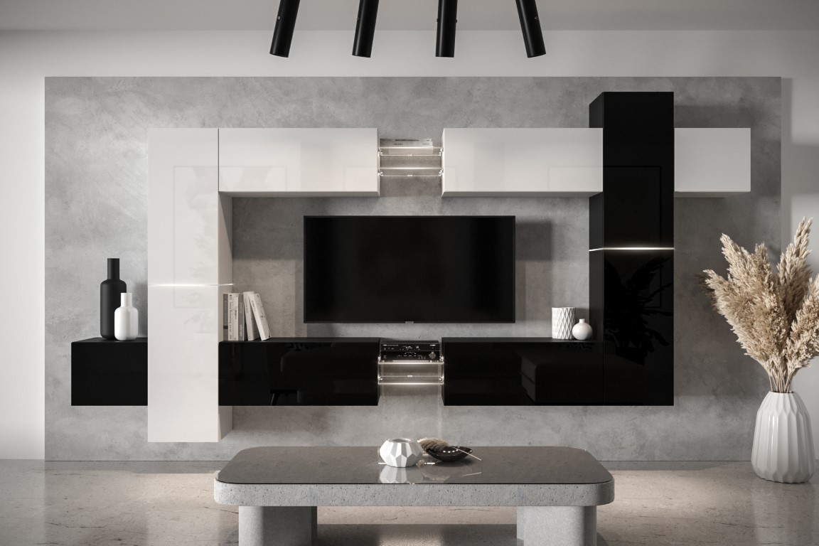 Mueble de salón Next AN91 NEW – blanco y negro brillo - 354,6 x 203,5 »  Confortica
